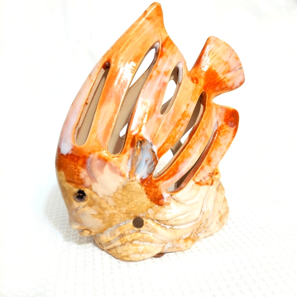 Fish Angelfish Tealight Pottery Candle Holder Artist Signed Ocean Beach